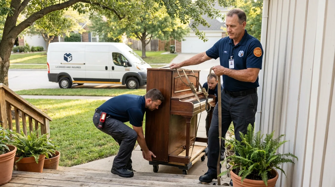 Licensed piano movers securing grand piano in Berwick, ME