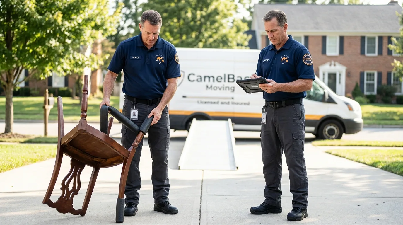 Movers inspecting furniture for damage prevention before loading in Berwick, ME
